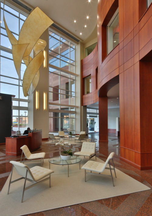 grand lobby with wood paneling